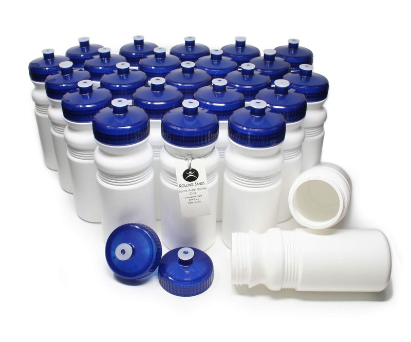 Rolling Sands Reusable Bulk Water Bottles 24 Pack - 20 Oz Sports Water Bottles, USA Made, BPA-Free, Wide Mouth for Easy Cleaning, Dishwasher Safe, Break Resistant - White Bottle/Navy Lid - Image 1